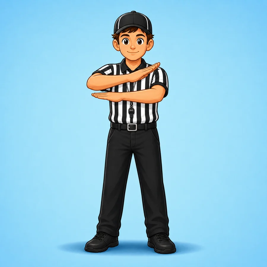 Cartoon lacrosse referee demonstrating the No Goal signal