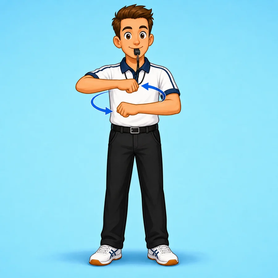 Cartoon lacrosse referee demonstrating the Timeout signal