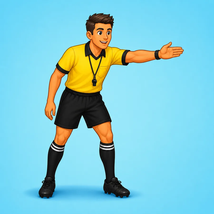 Cartoon rugby referee demonstrating the Advantage signal