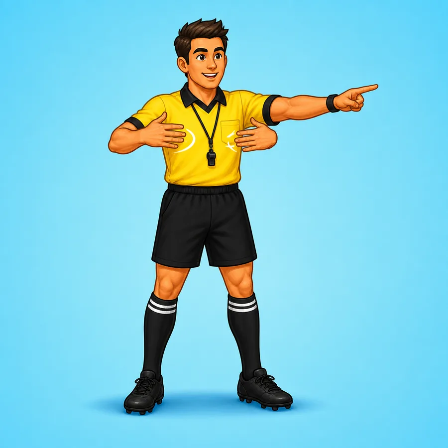 Cartoon rugby referee demonstrating the Forward Pass signal