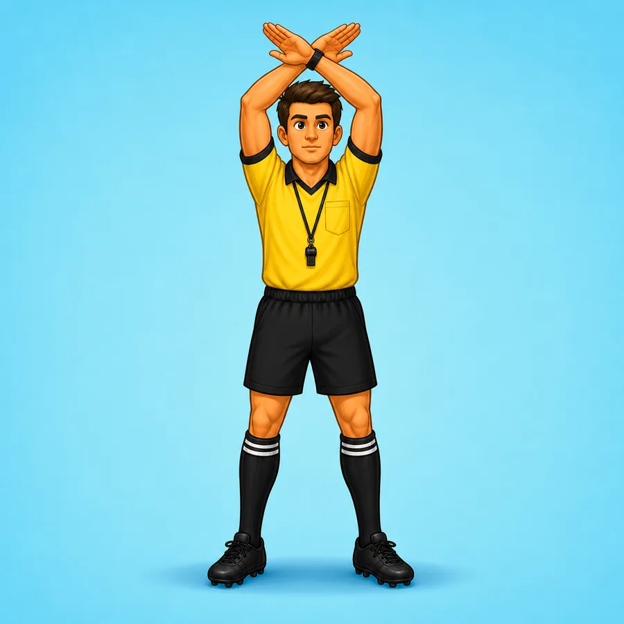 Cartoon rugby referee demonstrating the Held Up signal