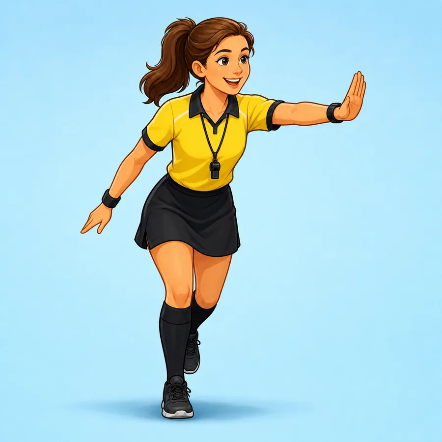 Cartoon rugby referee demonstrating the High Tackle Or Dangerous Play signal