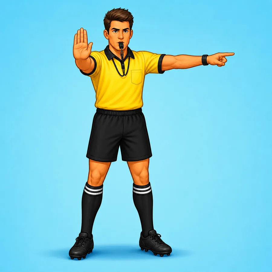 Cartoon rugby referee demonstrating the Offside signal
