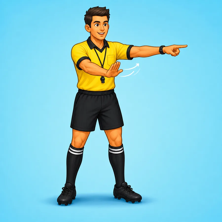 Cartoon rugby referee demonstrating the Restart Direction signal