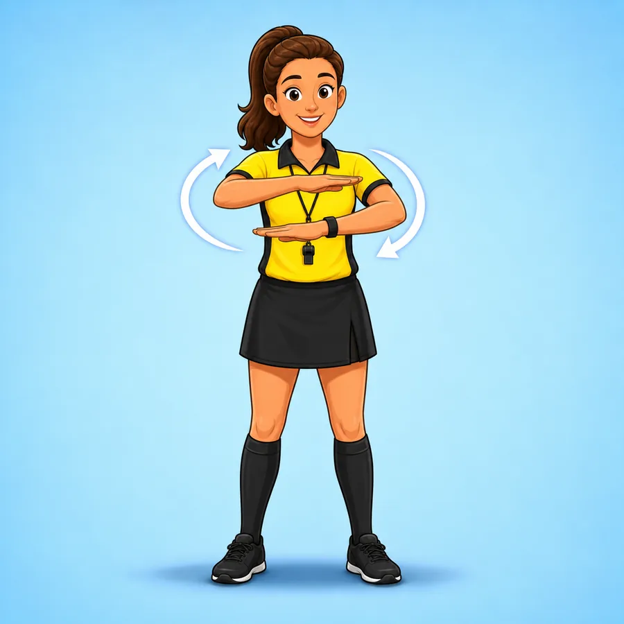 Cartoon rugby referee demonstrating the Scrum signal
