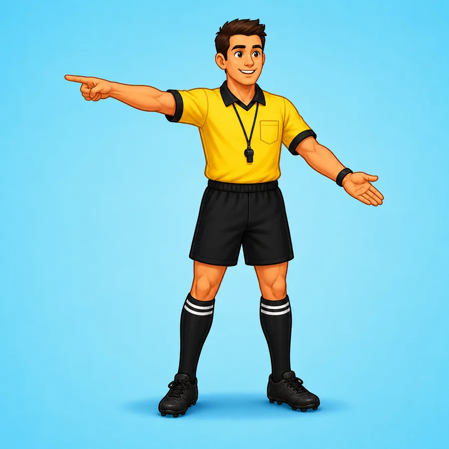 Cartoon rugby referee demonstrating the Ball In Touch signal