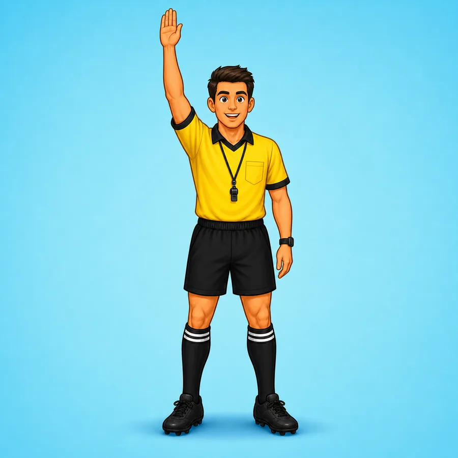 Cartoon rugby referee demonstrating the Try signal