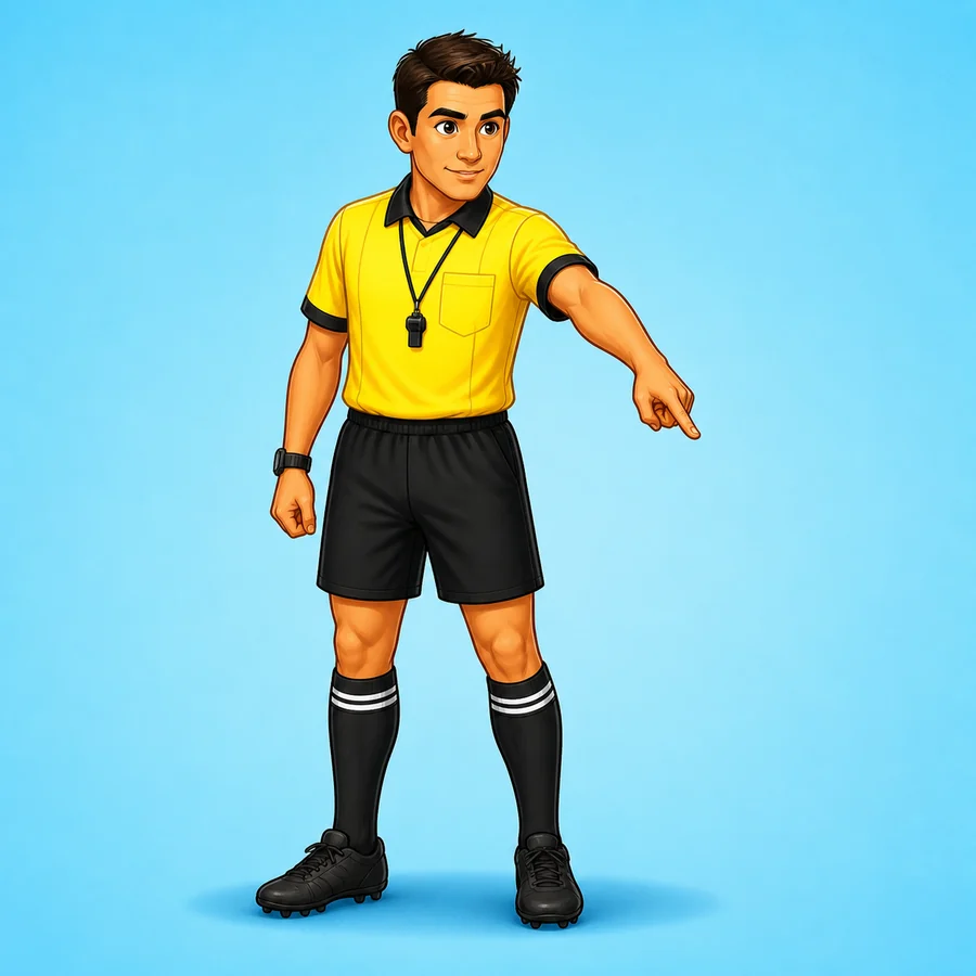 Cartoon soccer referee demonstrating the Goal Kick signal