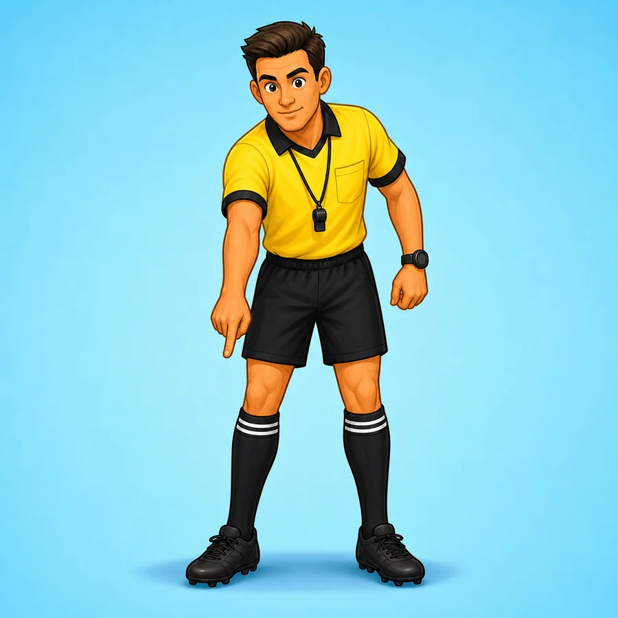 Cartoon soccer referee demonstrating the Penalty Kick signal