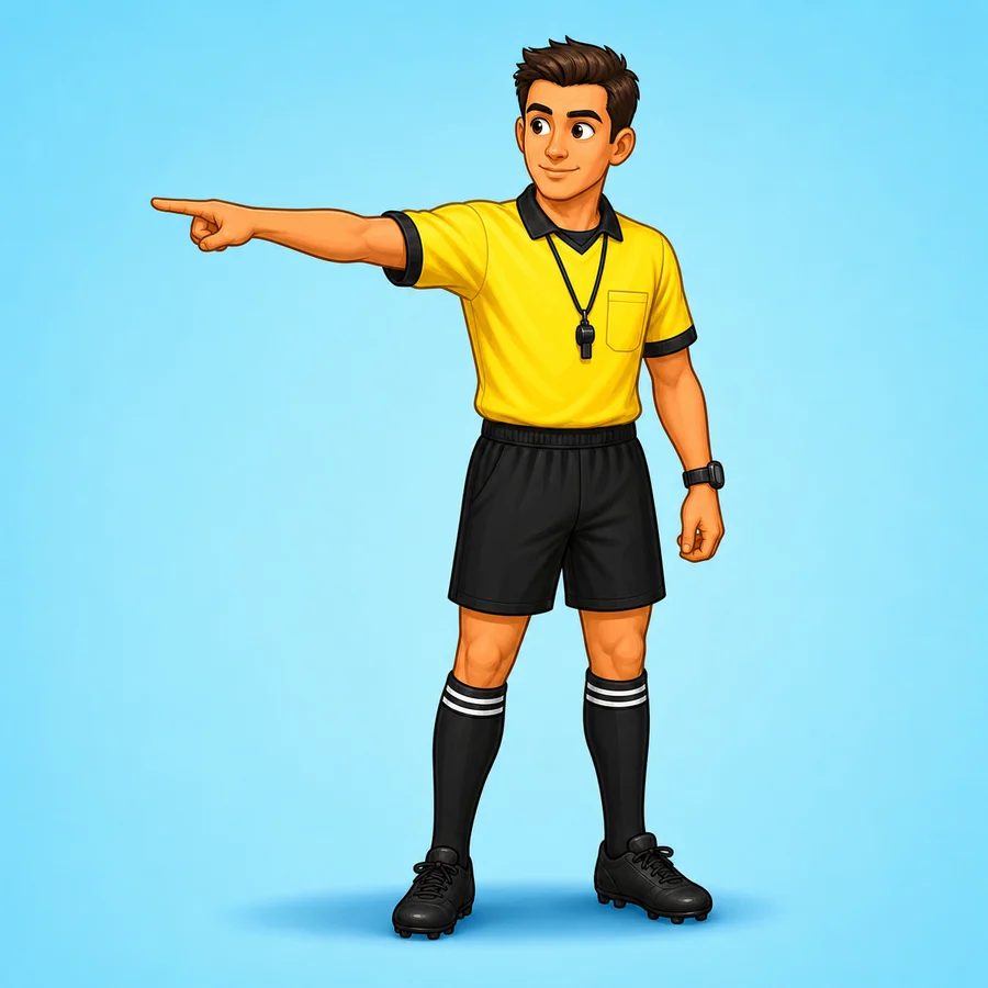 Cartoon soccer referee demonstrating the Throw-In Direction signal