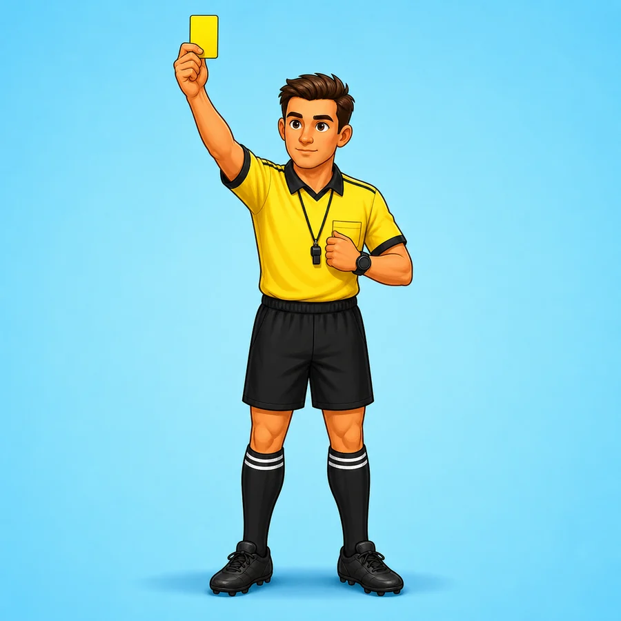 Cartoon soccer referee demonstrating the Yellow Card signal