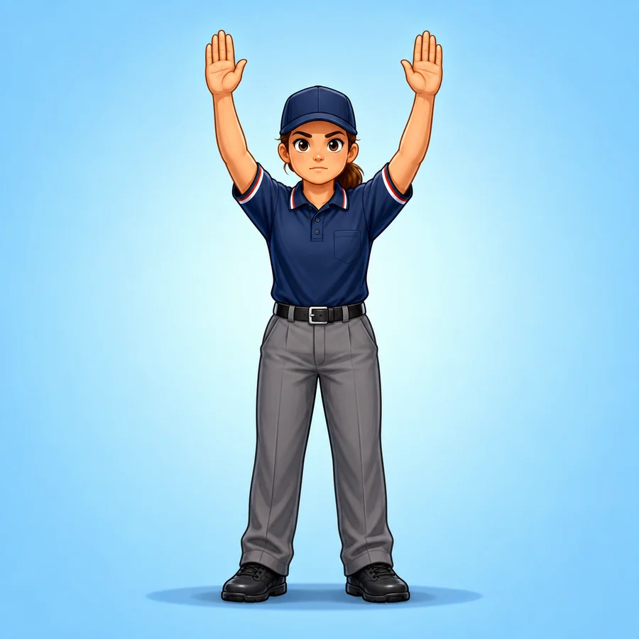 Cartoon softball umpire demonstrating the Dead Ball signal