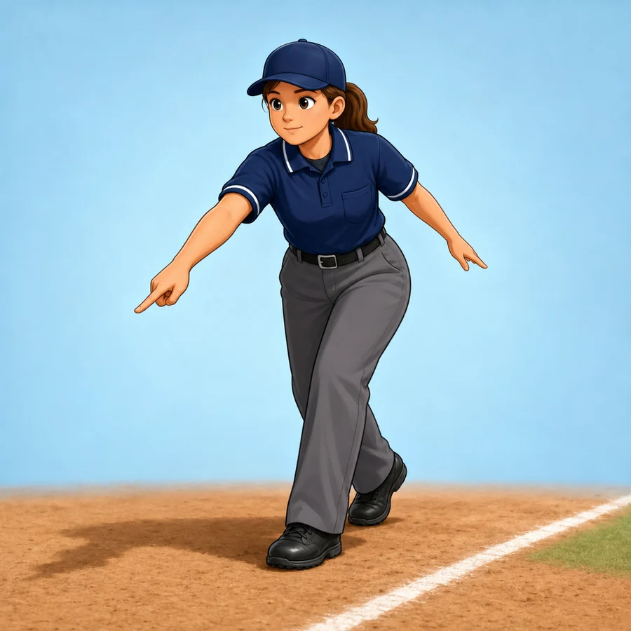 Cartoon softball umpire demonstrating the Fair Ball signal