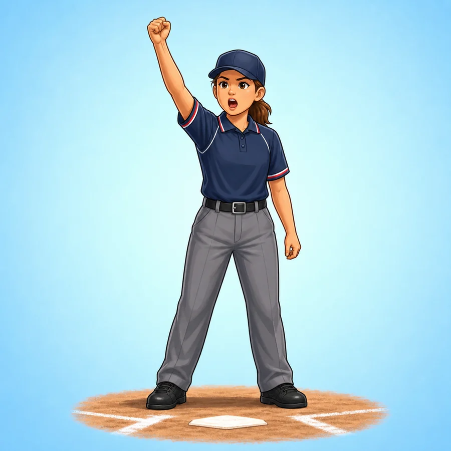 Cartoon softball umpire demonstrating the Out signal