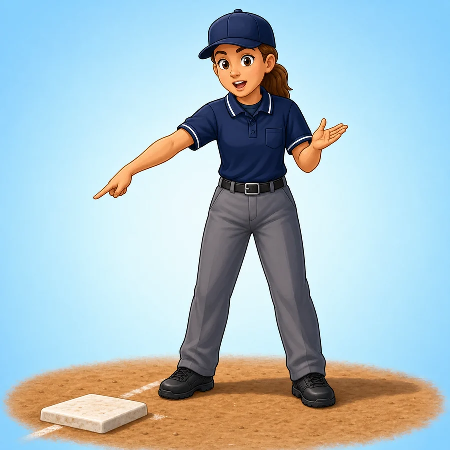 Cartoon softball umpire demonstrating the Runner Left Early signal
