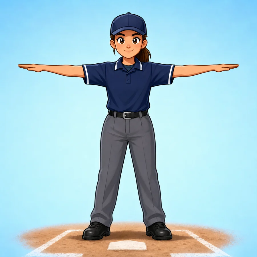 Cartoon softball umpire demonstrating the Safe signal