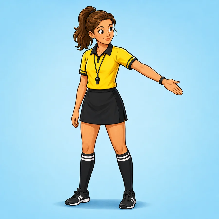 Cartoon volleyball referee demonstrating the Ball In signal