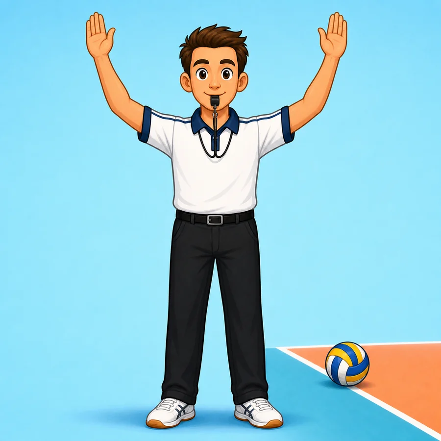Cartoon volleyball referee demonstrating the Ball Out signal