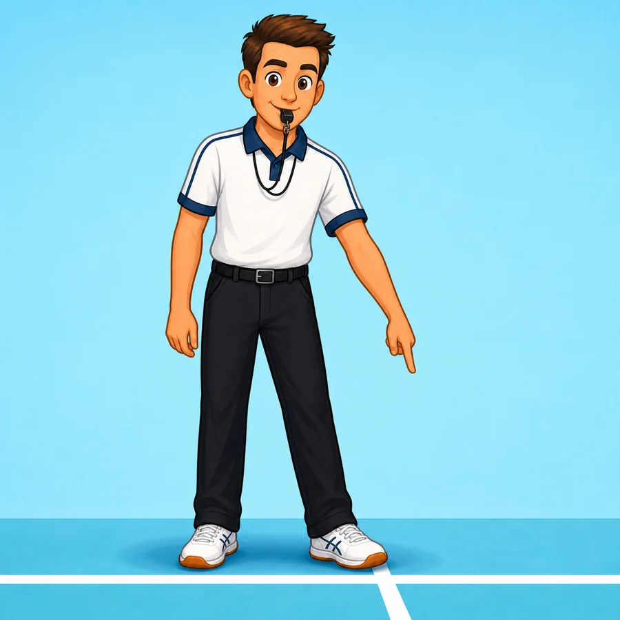 Cartoon volleyball referee demonstrating the Foot Fault signal