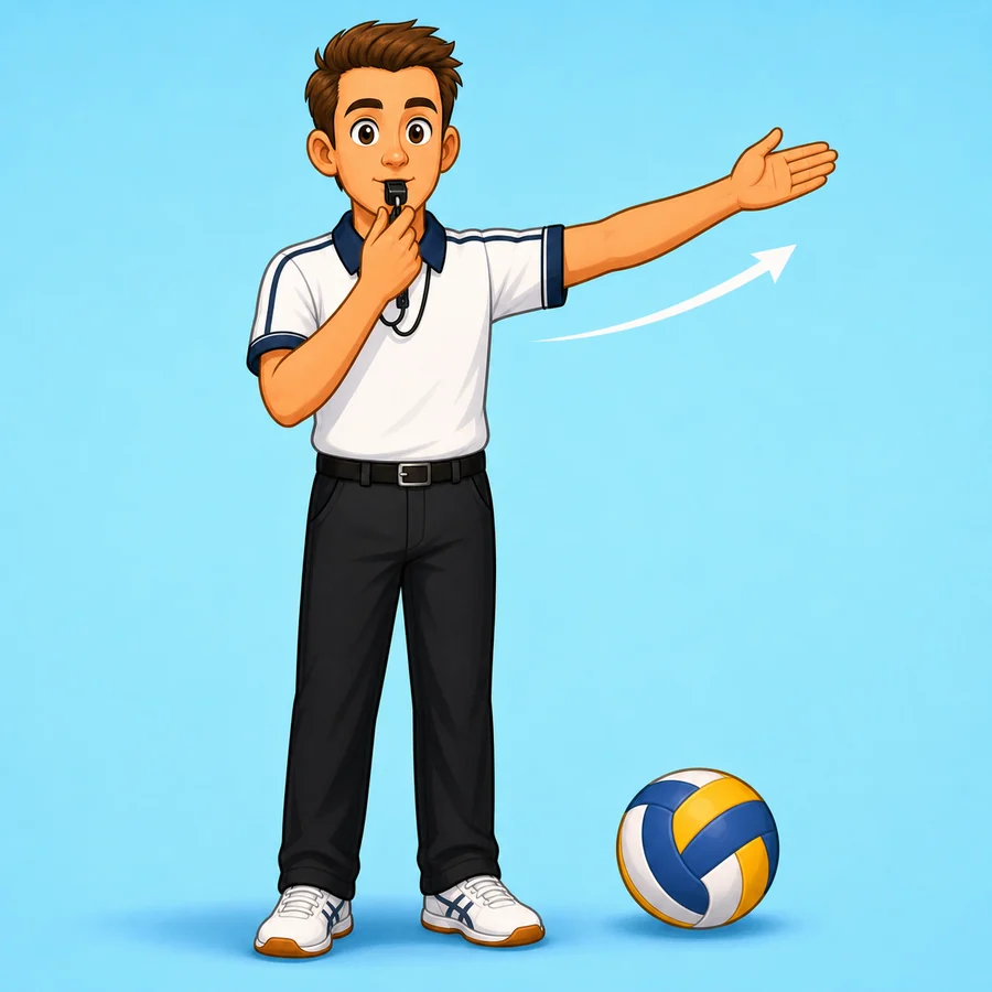 Cartoon volleyball referee demonstrating the Serve Authorization signal