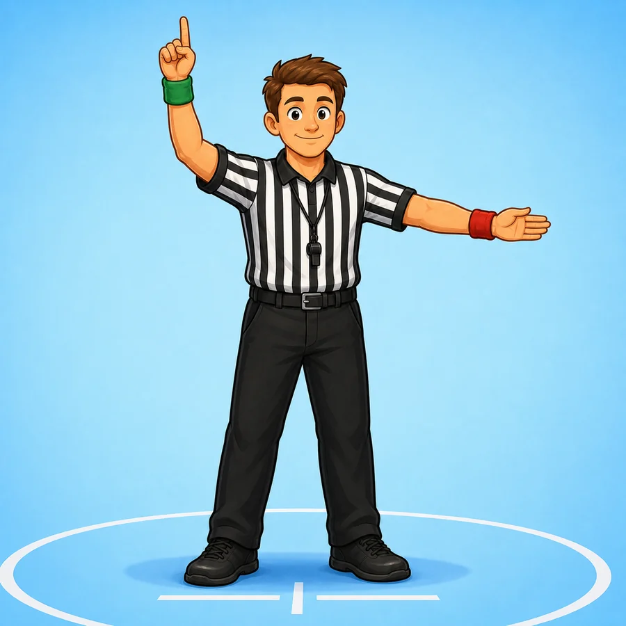 Cartoon wrestling referee demonstrating the Escape signal