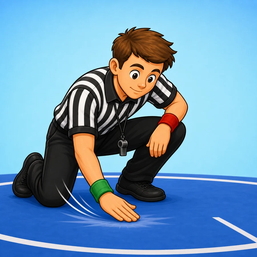 Cartoon wrestling referee demonstrating the Near Fall signal