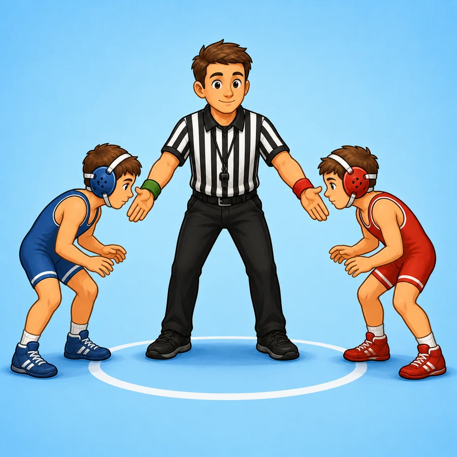 Cartoon wrestling referee demonstrating the Neutral Restart signal