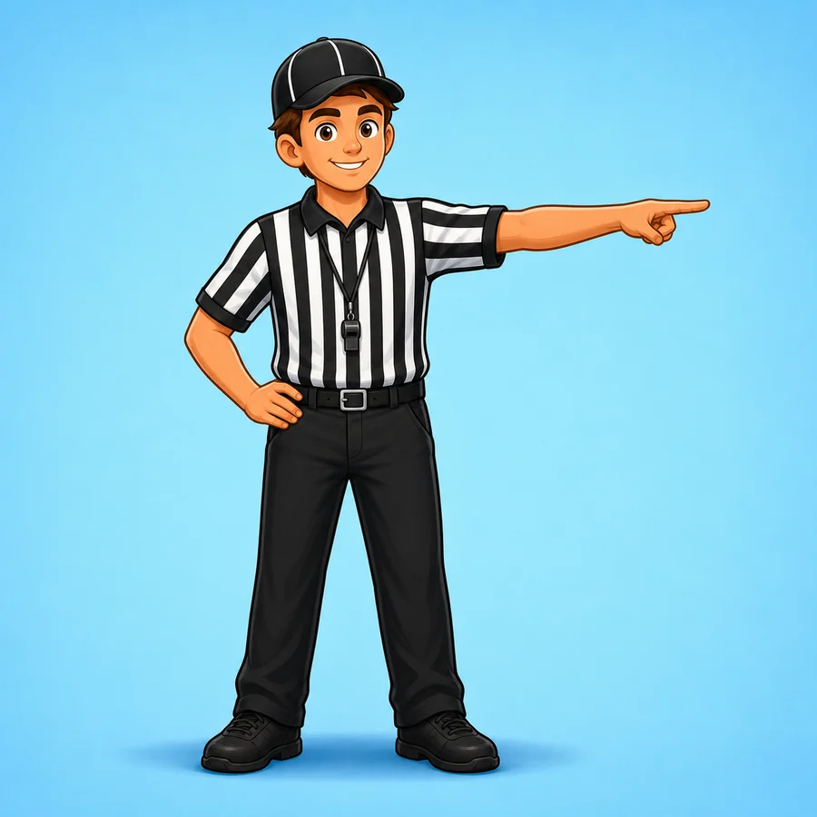 Cartoon wrestling referee demonstrating the Out Of Bounds signal